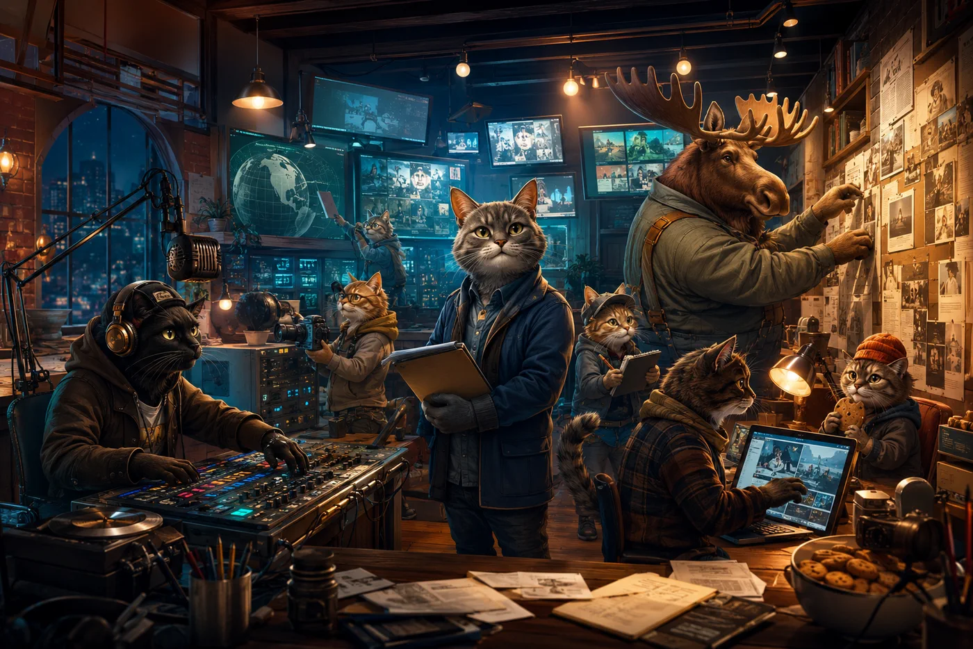 Creative animal team collaborating in the Good Flippin News studio