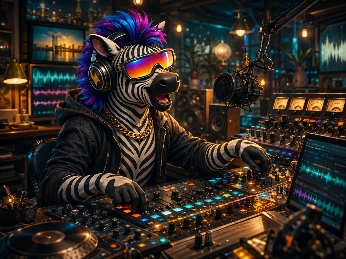 Zebra DJ in a cozy control room mixing the night bulletin